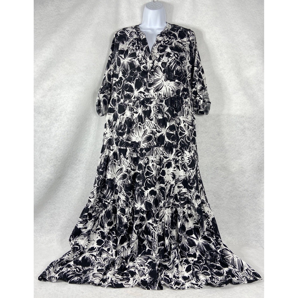 Chico's Maxi Dress Women's 1P US 8P Black White Floral Boho Long Sleeves Tiered